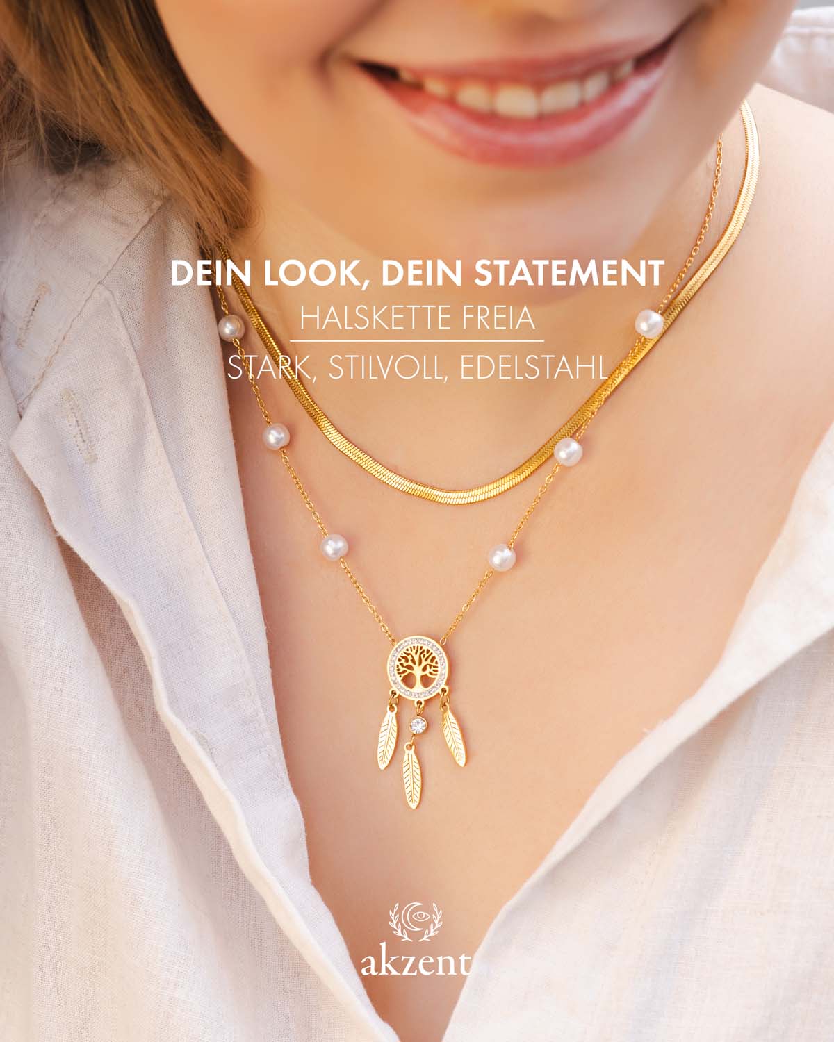 Akzent "Freia" Layering Halskette mit Lebensbaum & Feder Anhänger