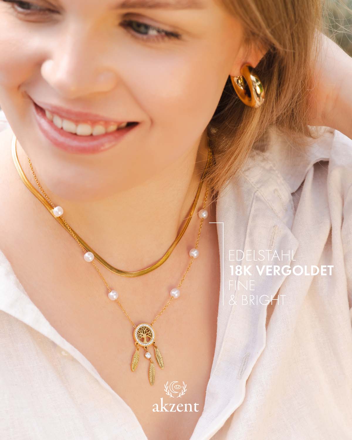 Akzent "Freia" Layering Halskette mit Lebensbaum & Feder Anhänger